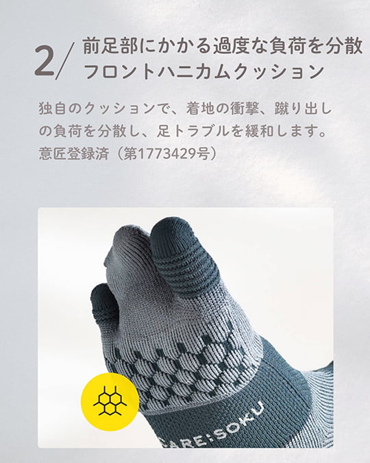 2.前足部にかかる過度な負荷を分散：フロントハニカムクッション